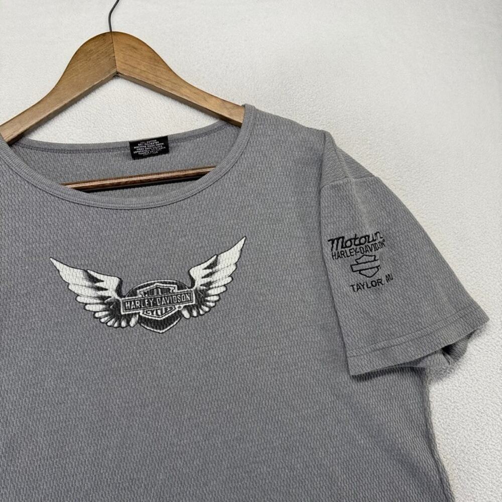 Vintage Harley Davidson Shirt Women's XL Gray Thermal Waffle Wings USA Made 90s